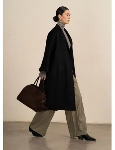 Women's black long cashmere coat with classic lapel design for winter warm apparel