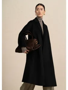 Luxury black cashmere long wool coat for women, elegant winter fashion daily outerwear.
