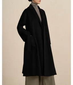 Elegant women's cashmere blend bathrobe coat featuring a classic long wrap design for winter.