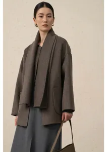 Manteau femme en laine cachemire avec écharpe, élégant vêtement chaud d'hiver marron foncé