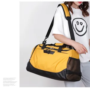Details of the yellow and black waterproof dry wet separation gym travel duffel bag.