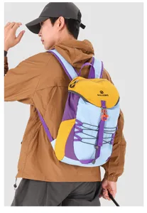 Colorful outdoor casual backpack detail view featuring vibrant color blocking and secure buckle.
