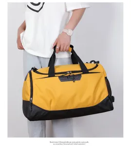 Spacious yellow black fitness gym duffel bag with dry wet separation for travel sports.