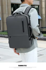 Mochila de viaje gris para negocios con gran capacidad y diseño multifuncional diario.