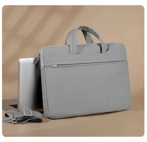 Borsa per laptop grigia con manici e tracolla, valigetta da lavoro per notebook da 15.6 pollici.