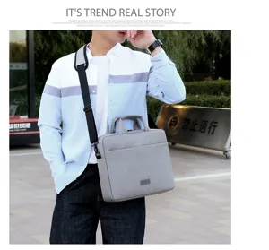 Elegante bolso gris de lona para portátil, maletín de negocios de gran capacidad y bandolera.