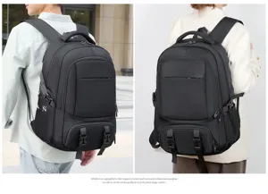 Large capacity multi-functional black backpack for outdoor travel, business and daily commuting use.
