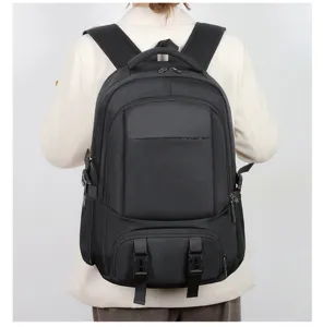 Detailed view of large capacity multi-functional travel backpack with multiple pockets and straps.