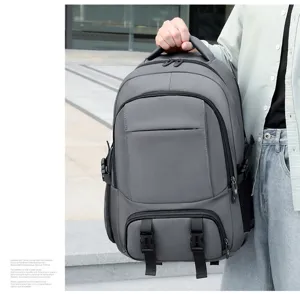 Large capacity travel backpack with shoe compartment, durable grey multi-pocket design.
