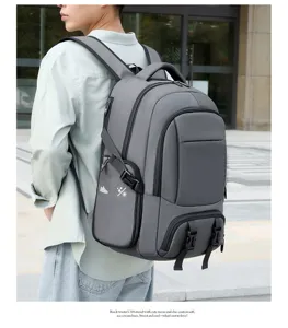 Multi-functional large capacity grey travel backpack with shoe compartment and secure buckles.