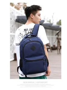 Classic navy blue college style casual backpack for men and women, spacious outdoor travel bag.