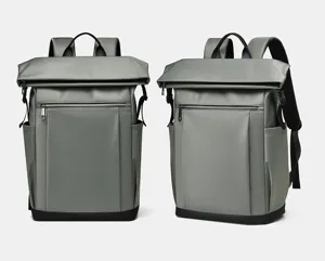 Grey roll-top business backpack detail showing front view, large capacity and zipper pocket.