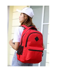 Red casual college canvas backpack detail view, large capacity student daily daypack style.