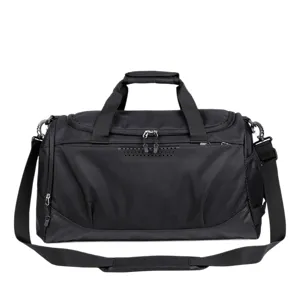 Black gym duffel bag with large capacity, ideal for sports, fitness, and outdoor travel use.