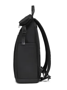 Black roll-top business backpack for men, large capacity commuter travel laptop bag style.