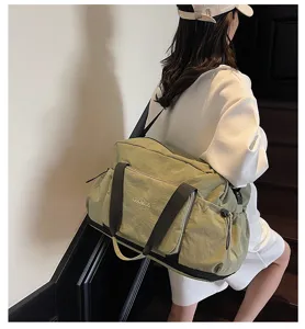 Lightweight large capacity travel duffel bag detail view, perfect for gym and short trips.