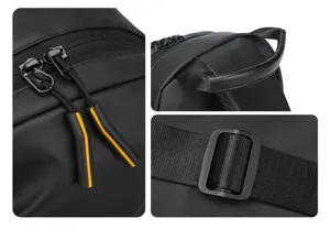Detailed view of the black men's chest bag showing durable zipper pulls and strap.