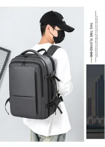 Detailed view of the large capacity business travel backpack, multi-functional design for men.