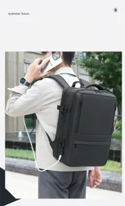 Detailed view of the multi-compartment business backpack in daily commute outdoor setting.