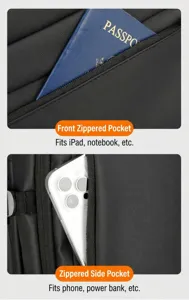 Business laptop backpack detail view showing front zippered pocket and compartments for daily commute.