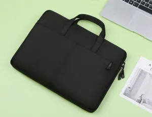 Black laptop bag sleeve with handles and zipper pocket for business office travel use.