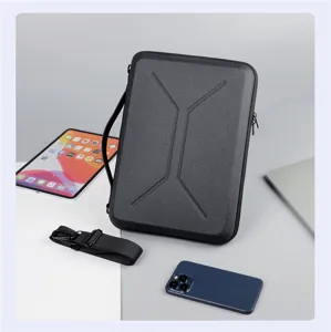 EVA harde schaal laptop tas detail met tablet en telefoon compatibiliteit in grijs.