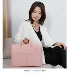 Detailed scene of a pink oxford laptop bag shown with an elegant model in interior setting.