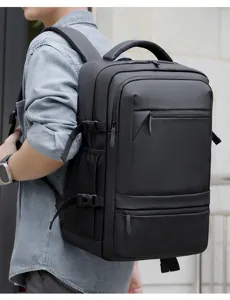 Multifunctional men's business backpack, black leather-film texture travel laptop bag.