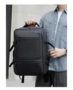Details of black multi-functional business backpack for men, large capacity for commute.
