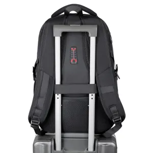 Large capacity black travel backpack with luggage strap and breathable airflow design for outdoor use.