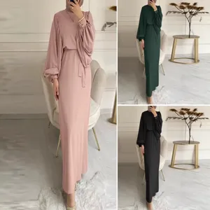 Women's Casual Long Sleeve Solid Color Maxi Dress Loose Commuter Elegant Long Dress With Belt Fashion Apparel