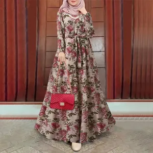 Women's Bohemian Floral Print Long Sleeve Midi Dress Casual Loose Belted Tiered Long Dress Elegant Commuter Apparel