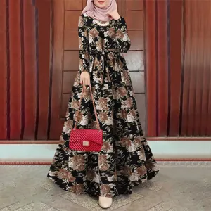 Bohemian floral long dress featuring a stylish detachable belt and flowing irregular swing hem.
