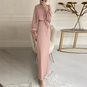 Solid color long sleeve maxi dress with belt casual elegant modest women long dress design