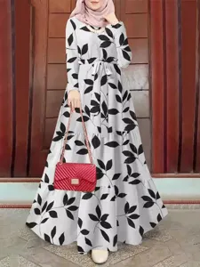 Floral printed long sleeve maxi dress with waist belt for women casual daily wear.