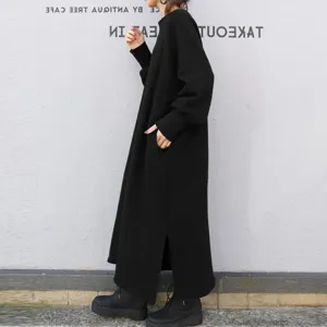 Black long sweatshirt dress casual streetwear style with side slits and deep pockets