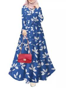 Details of blue floral leaf print long sleeve maxi dress with matching waist belt.