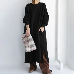 Women's Casual Long Sleeve Solid Color Sweatshirt Dress Loose Fit Midi Dress