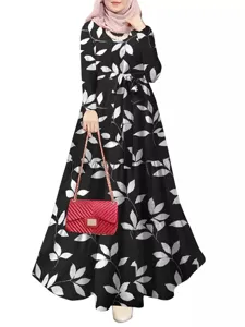 Leaf print maxi dress detail shot, elegant long sleeve fashion design element view
