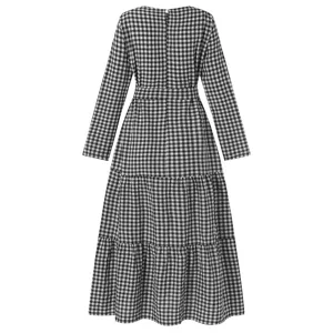 Black and white plaid long sleeve maxi dress with waist belt, casual detail back view.