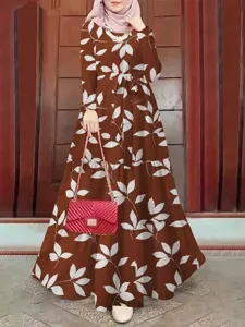 Casual long sleeve maxi dress with white leaf print, elegant belt and comfortable loose fit style.