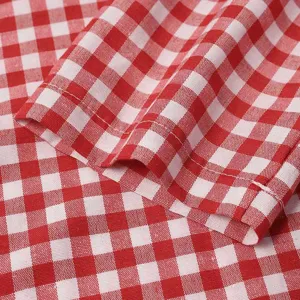 Red and white gingham pattern fabric detail, soft texture and fine stitching for apparel.
