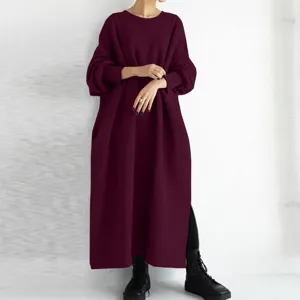 Long sleeve sweatshirt maxi dress in wine red, loose fit casual long dress for women.