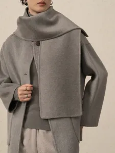 Womens Cashmere Wool Blend Double Faced Overcoat With Scarf Design Long Sleeve Fall Winter Elegant Trench Coat