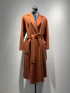 Women elegant long wool blend wrap coat with belt, caramel autumn winter outerwear main view.