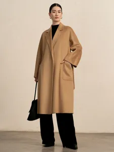 Elegant camel cashmere blend long robe coat for women, perfect stylish winter outerwear.
