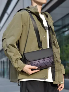 Men's PU Leather Crossbody Bag Geometric Lattice Shoulder Bag Waterproof Street Trendy Casual Sling Bag For Men
