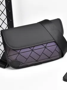 Stylish geometric men messenger bag, sleek black and purple crossbody shoulder bag for daily use.