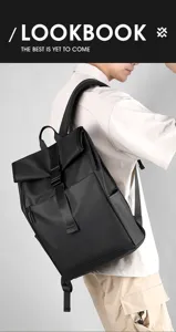 Stylish men's rolltop backpack in black, featuring spacious capacity and durable daily casual design.