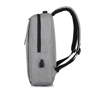 Grijs zakelijk woon-werk rugzak zijaanzicht, grote capaciteit laptop tas met USB poort.